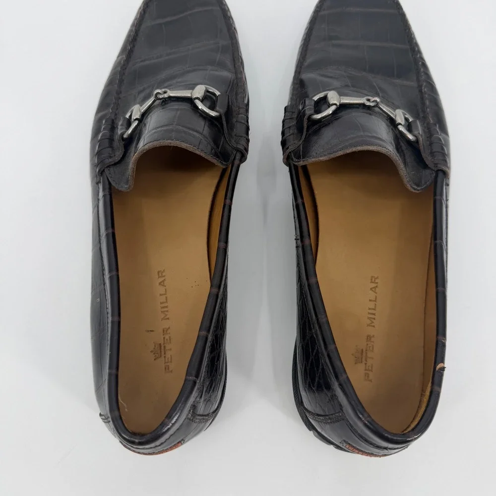 Peter Millar Mens Dark Brown Croc Embossed Leather Bit Loafers 12.5 M 14488